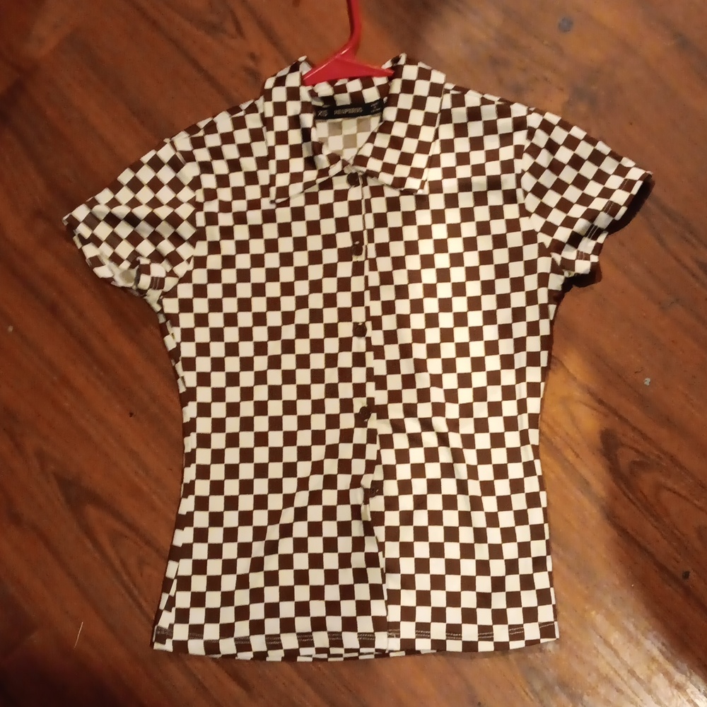 Brown and white checkard button up shirt size xs